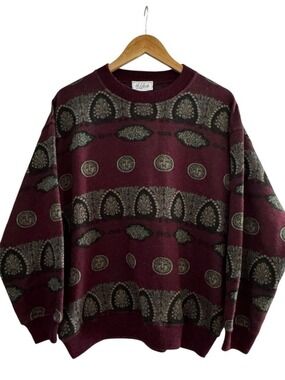 Vintage Italian Wool Blend Sweater Burgundy Medallion Knit